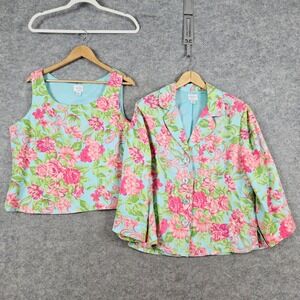Emma James Women's Blue Floral Print Linen Blend Blazer Tank Top Set Size 16